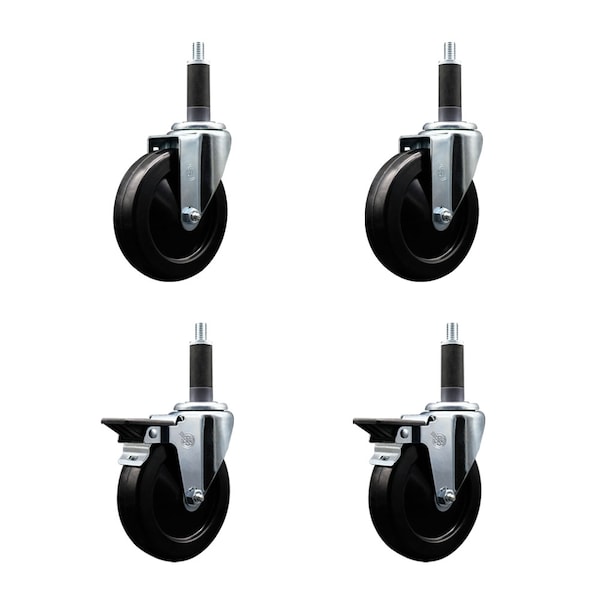 5'' Soft Rubber Wheel Swivel 1'' Expanding Stem Caster Set 2 Brakes, 4PK